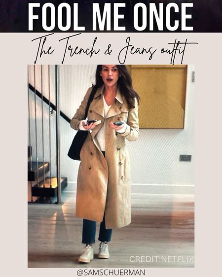 Netflix Fool Me Once outfits: The trench and jeans, cream v neck outfit 

#LTKworkwear #LTKstyletip #LTKfindsunder100