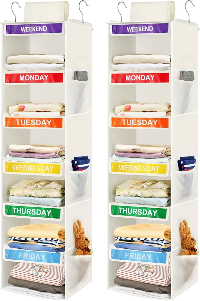 2 Pack 6-Shelf Weekly Clothes Organizer for Kids, Hanging Daily Closet Organization with 6 Side P... | Amazon (US)
