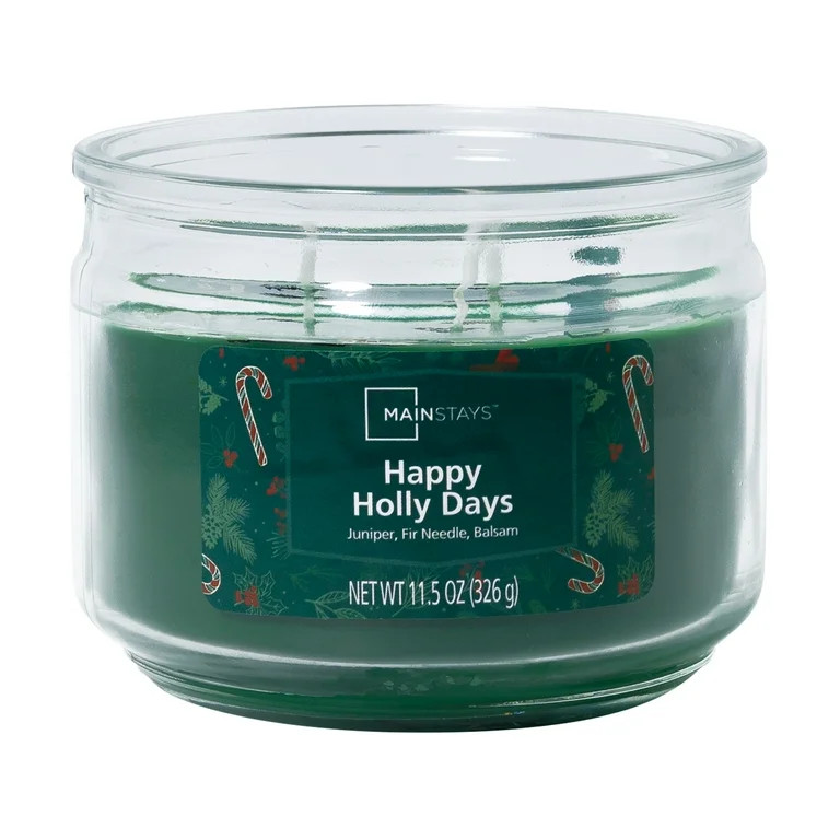 Mainstays 3-Wick Glass Jar Candle, Happy Holly Days, Green, 11.5 oz | Walmart (US)