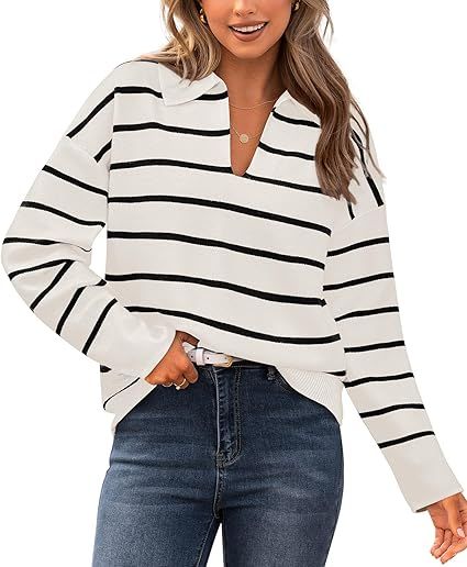 CFLONGE Women's Casual Striped Pullover Sweater Long Sleeve Polo V Neck Lightweight Loose Fit Dro... | Amazon (US)