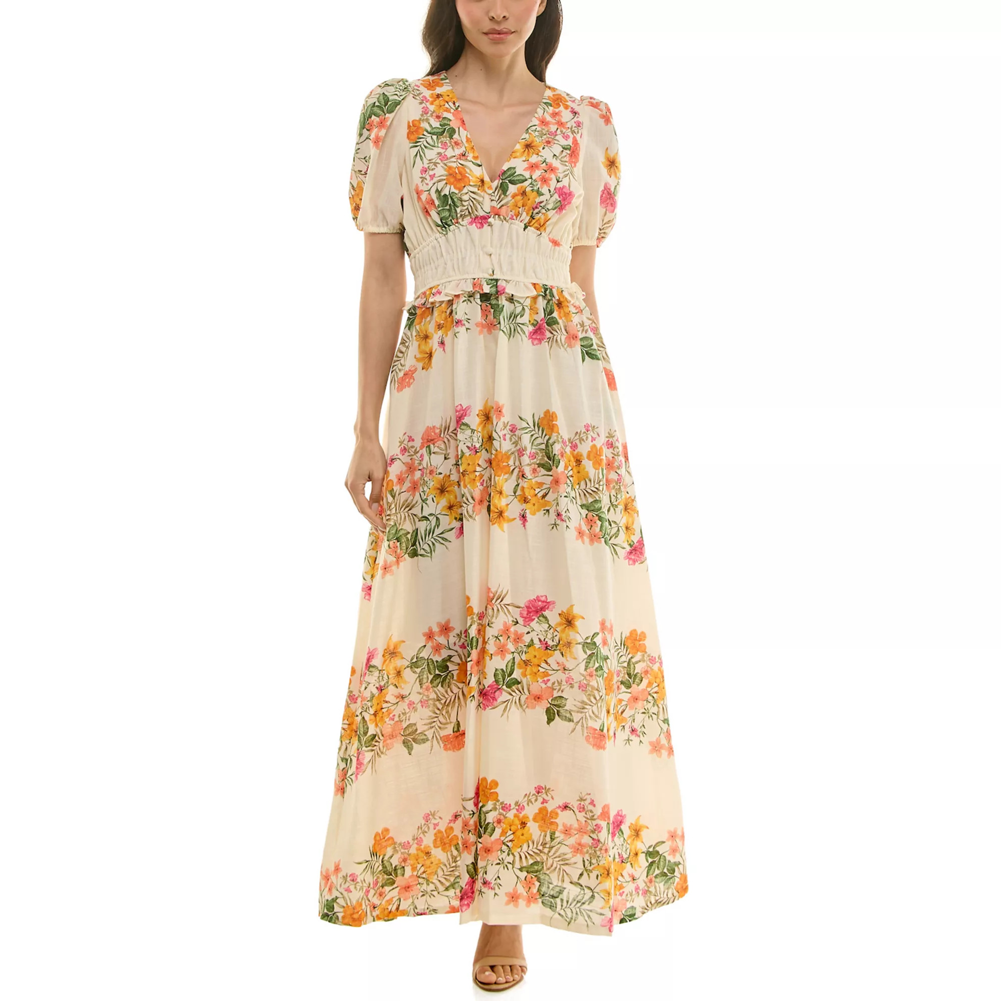 Women's Maison Tara Printed Linen Smock Waist Maxi Dress | Kohl's