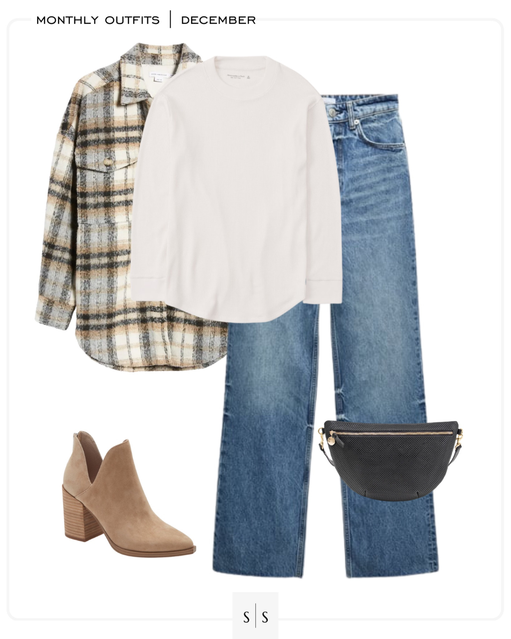 Monthly outfit planner : DECEMBER looks | #shacket #widelegjean #boots #waffletee #beltbag #casualstyle #winteroutfit | See entire calendar on thesarahstories.com ✨ 

#LTKstyletip