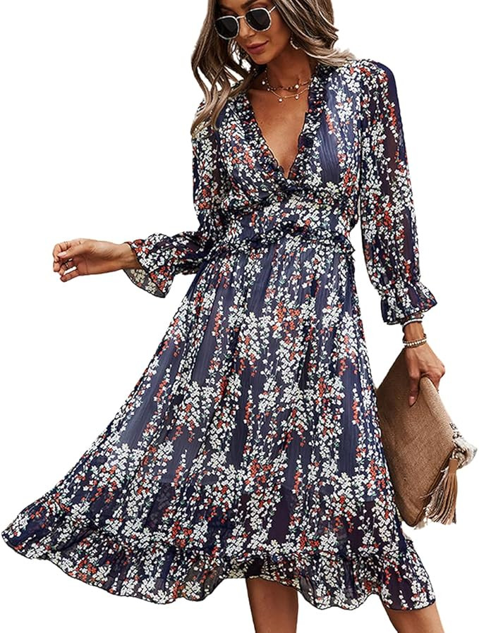 MOPOOGOSS Womens Fall Winter Sexy Deep V Neck Ruffle Long Sleeve Floral Print A Line Long Maxi Dr... | Amazon (US)