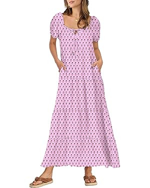 ANRABESS Boho Maxi Dresses for Women 2025 Casual Puff Short Sleeve Flowy Swing Summer Beach Vacat... | Amazon (US)