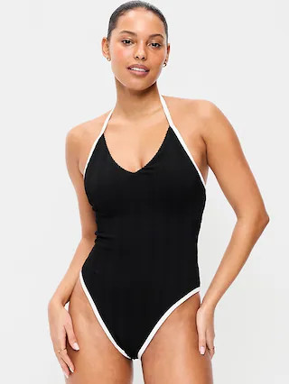 Ribbed V-Neck Halter One-Piece Swimsuit | Old Navy (US)