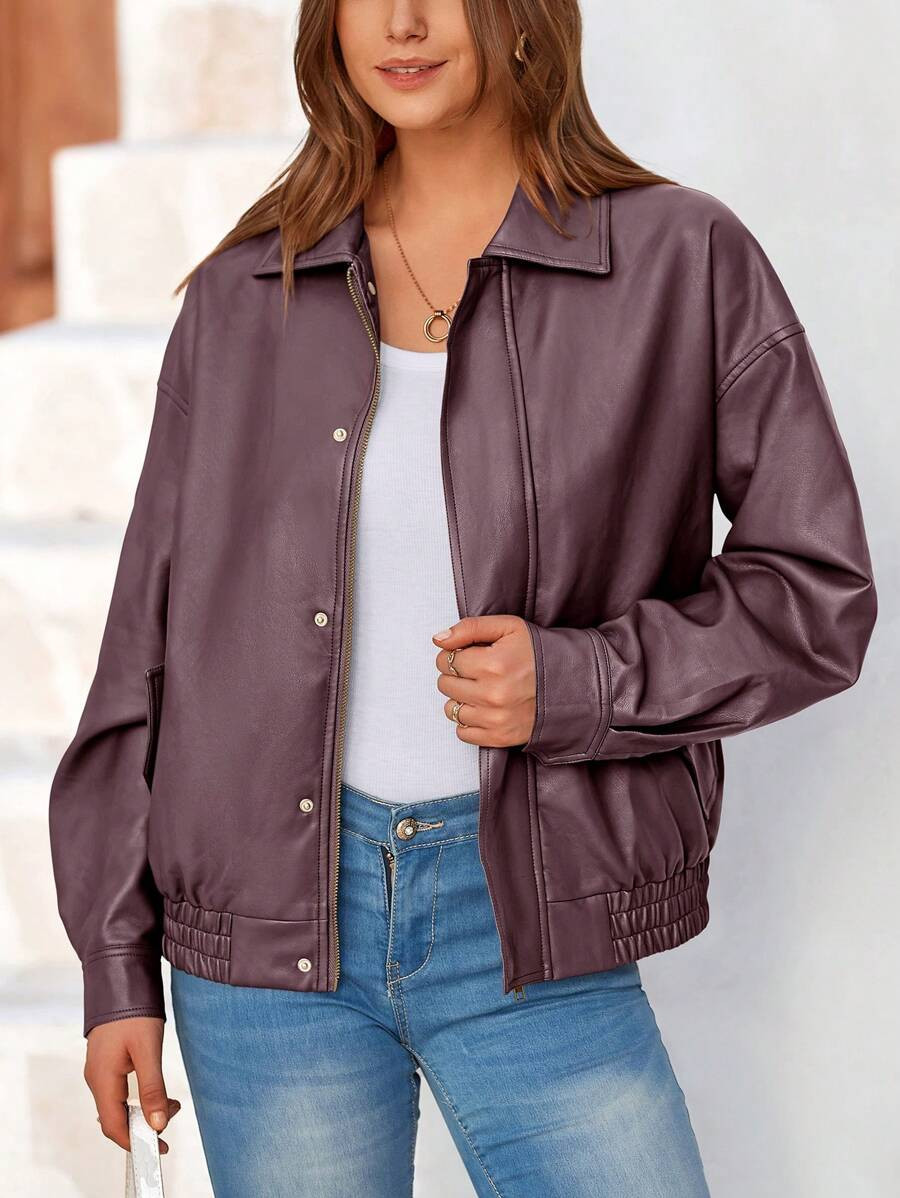 Women's Faux Leather Motorcycle Jacket Trendy Fall Clothes Oversized Zip Up Winter Coat Outerwear | SHEIN