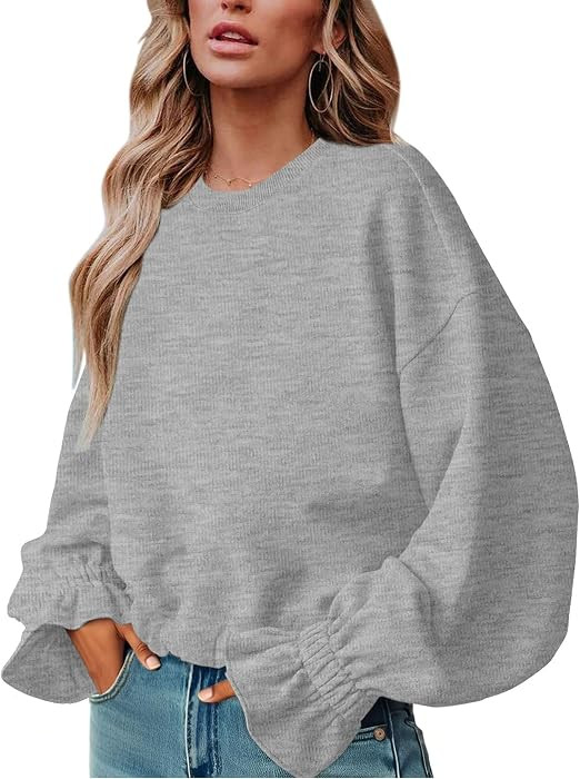 Women's Casual Crew Neck Sweatshirt Long Sleeve Ruched Solid Loose Fitting Pullover Tops | Amazon (US)