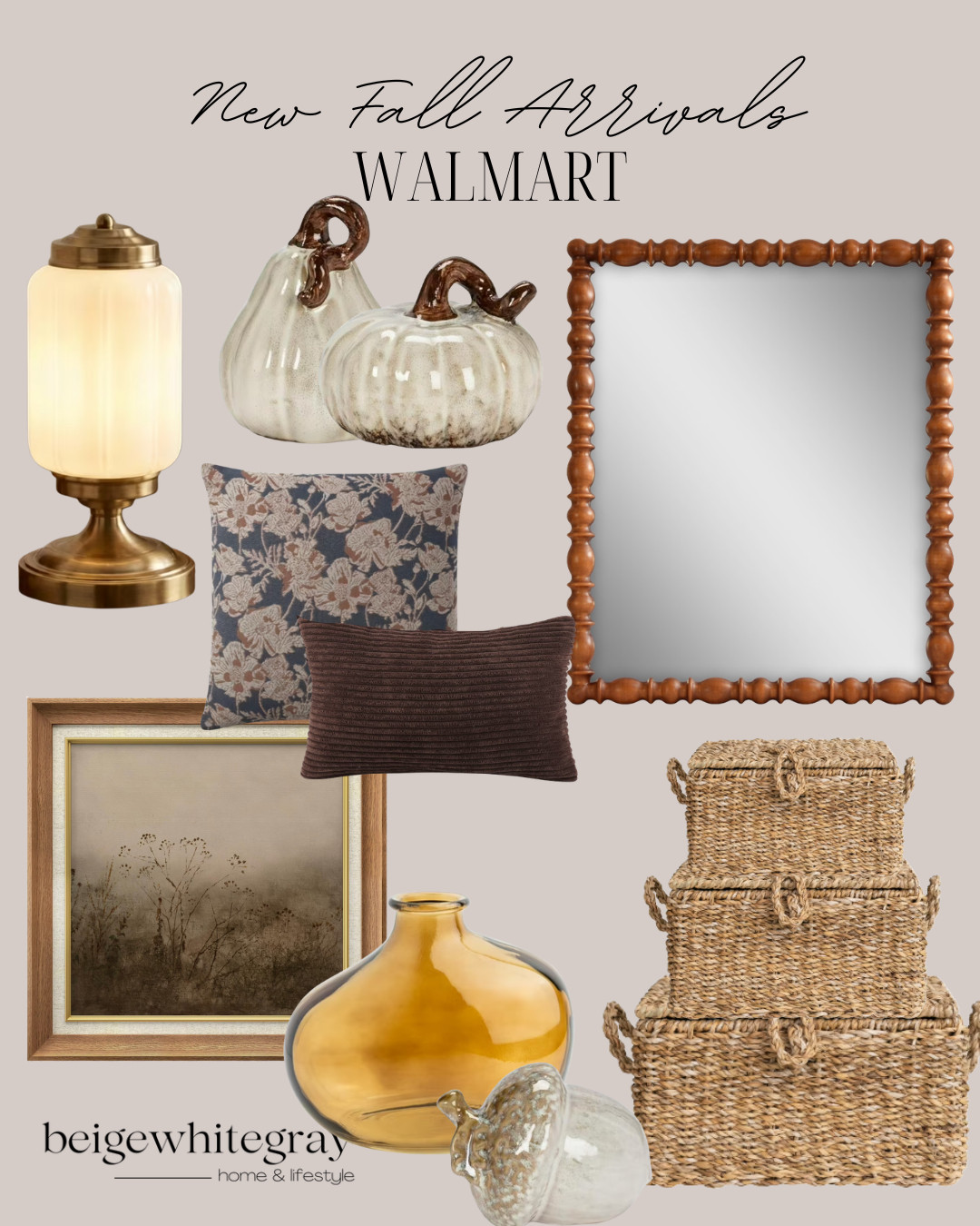 New fall decor, Walmart home decor, Walmart fall finds, affordable fall decor, neutral fall decor, cozy home decor, pumpkin decor, ceramic pumpkins, amber glass vase, woven storage baskets, floral throw pillows, wood bead mirror, brass table lamp, framed wall art, acorn decor, entryway decor, living room decor, fall decorating ideas, modern farmhouse decor, organic modern style, beige home decor, home styling inspiration

#LTKSeasonal #LTKHome