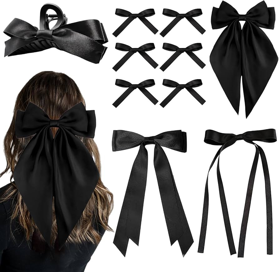 10PCS Silk Satin Hair Bows Hair Clip Long Black Hair Ribbon Bow Hair Bow Clips Variety Style for ... | Amazon (US)