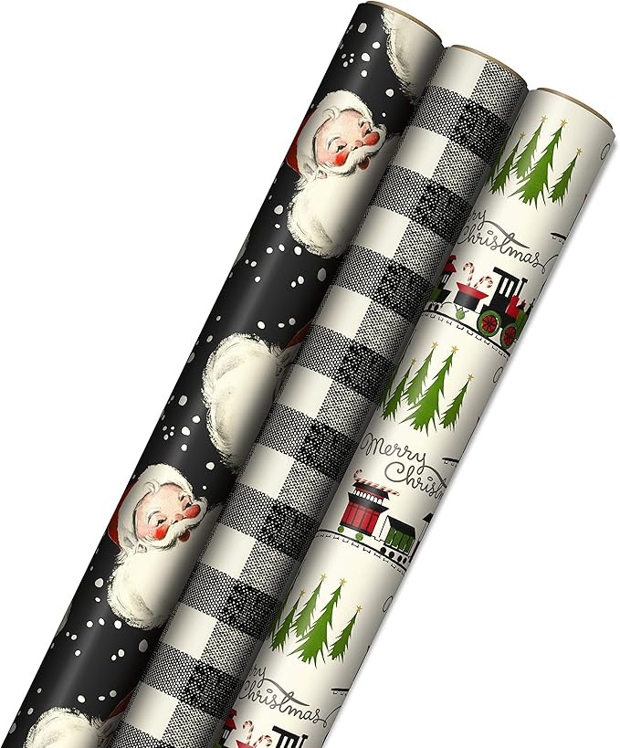 Hallmark Black Christmas Wrapping Paper with Cut Lines on Reverse (3 Rolls: 120 sq. ft. ttl) Retr... | Amazon (US)