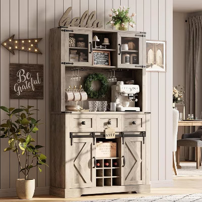 Farmhouse Coffee Bar Cabinet, 72" Tall Kitchen Hutch with 2 Sliding Barn Doors, 3 Drawers, Wine & Glass Rack, Pantry Storage Cabinets | Target