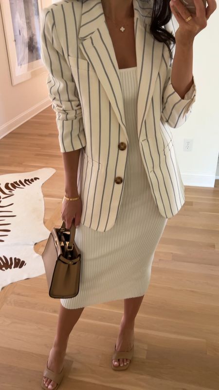 Kat Jamieson shares a classic workwear or date night look. Pinstripe, stripe blazer, midi dress, mule sandals, nude heels. Blazer is Claire Rose X NAKD - similar linked below!

#LTKshoecrush #LTKSeasonal #LTKunder50