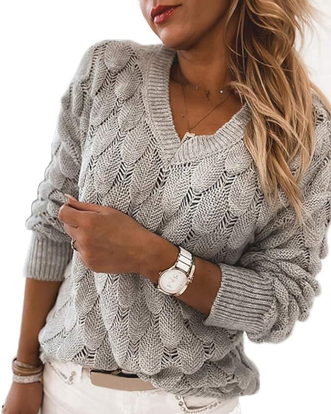 Women's V Neck Long Sleeve Pullover Sweater Lightweight Knit Sweaters Novelty Sweaters | Amazon (US)