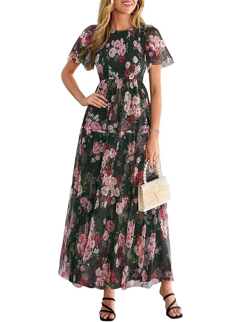 PRETTYGARDEN Tulle Floral Dress Women Summer Wedding Guest Spring Short Sleeve Maxi Smocked Flowy... | Walmart (US)