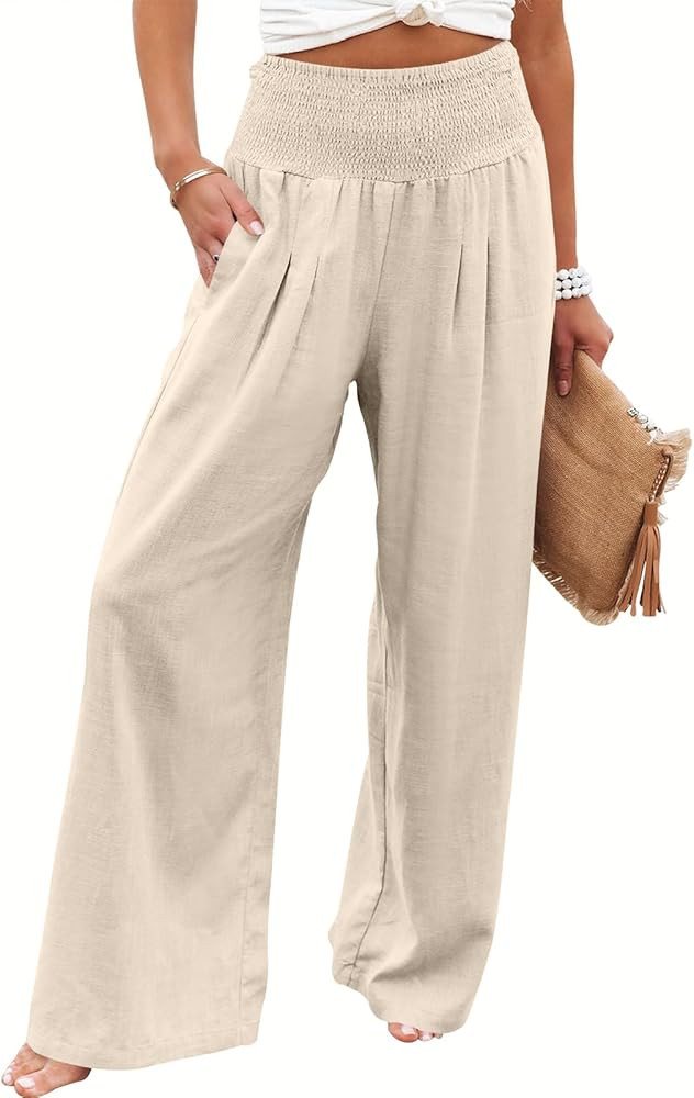 ANRABESS Women Linen Palazzo Pants Summer Boho Wide Leg High Waist Casual Lounge Pant Trousers wi... | Amazon (US)
