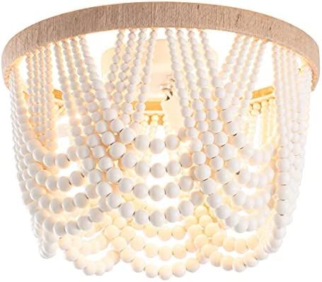 VILUXY Bohemia Wood Beaded Flush Mount Ceiling Light Antique Rustic Mini Chandelier White Finishi... | Amazon (US)