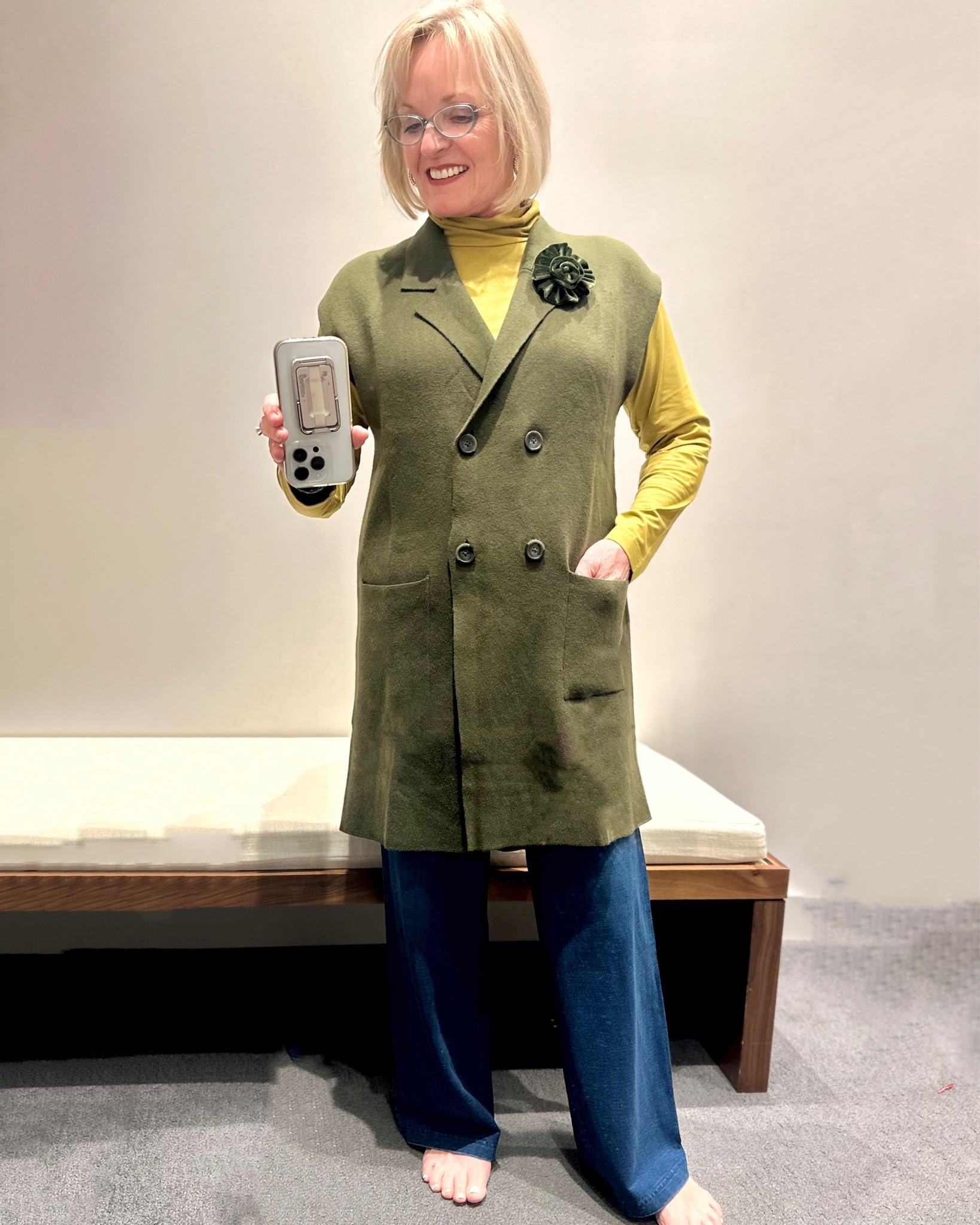 Fabulous long vest in the softest cotton blend with pull-on knit wide leg jeans. 
Add a velvet pin and soft turtleneck for an everyday fall outfit that shines  

#LTKfindsunder50 #LTKover40 #LTKfindsunder100