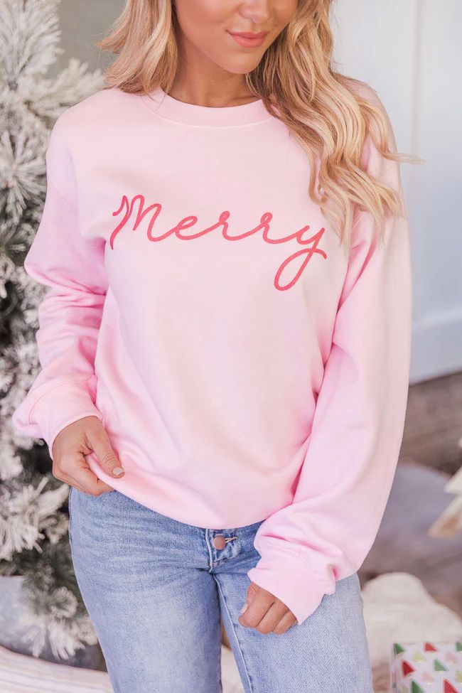 Merry Script Light Pink Graphic Sweatshirt | Pink Lily