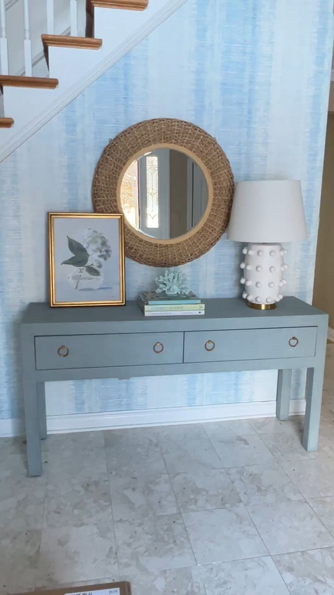 My blue linen foyer table paired with ombré wallpaper creates a bold, modern coastal entryway moment I’m obsessed with. I love how the layered blues and soft texture make this space feel elevated, curated, and designer-inspired. 

#LTKSaleAlert #LTKU #LTKHome