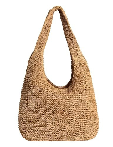 Woven Tote Bag for Women - Rattan Beach Bag with Straw Details (Khaki) | Amazon (US)