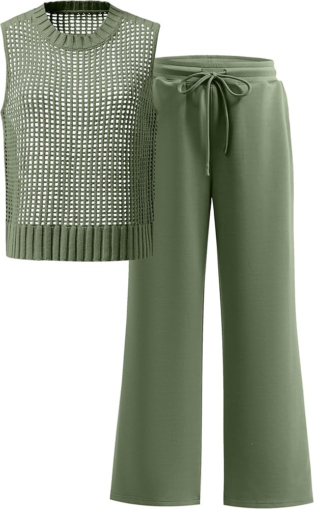 ANRABESS Women 2 Piece Summer Outfits 2025 Crochet Sweater Vest Wide Leg Pants Lounge Matching Se... | Amazon (US)