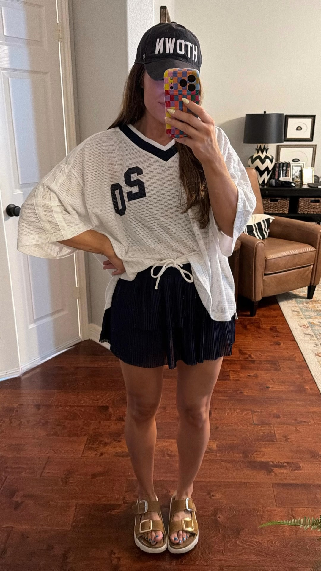 Casual summer mom outfit workout clothes aerie skirt and mesh jersey Amazon Birkenstock dupe

#LTKfitnessgoals #LTKOver40 #LTKmomlife
