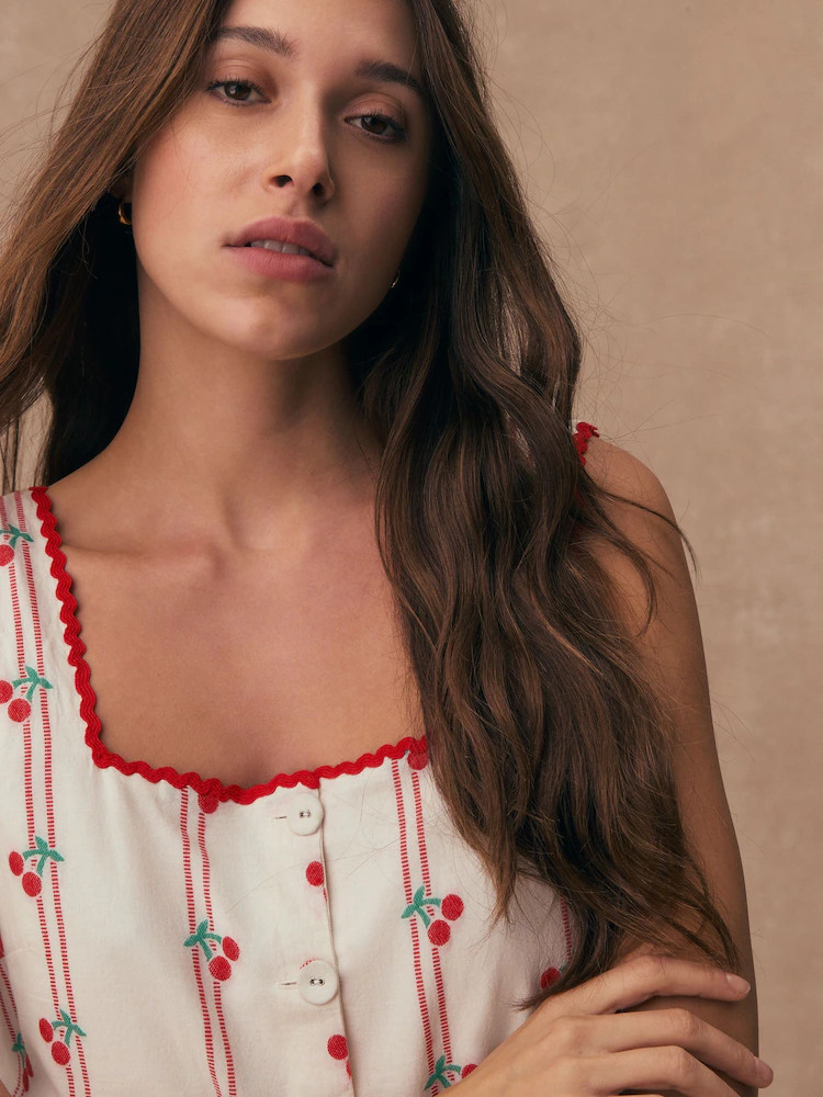 Ecru/Red Cherry Jacquard Square Neck Button Down Mini Shift Dress | Next US