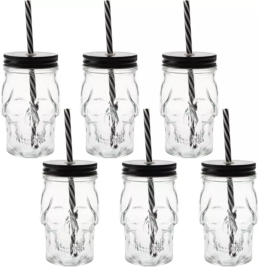 Skull Mason Jar Mug Glass Tumbler Cup with Cover and Straw - 16oz, Set of 2