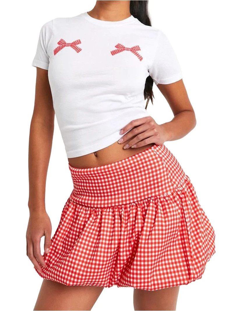 Women'S Gingham Bubble Mini Skirts - Bow- Cute Holiday Short Skorts Red L | Walmart (US)
