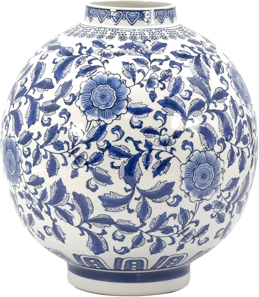 Galt International Blue & White Ceramic Floral Chinoiserie Globe Vase 12" Dia. - Round Bulb Shape... | Amazon (US)