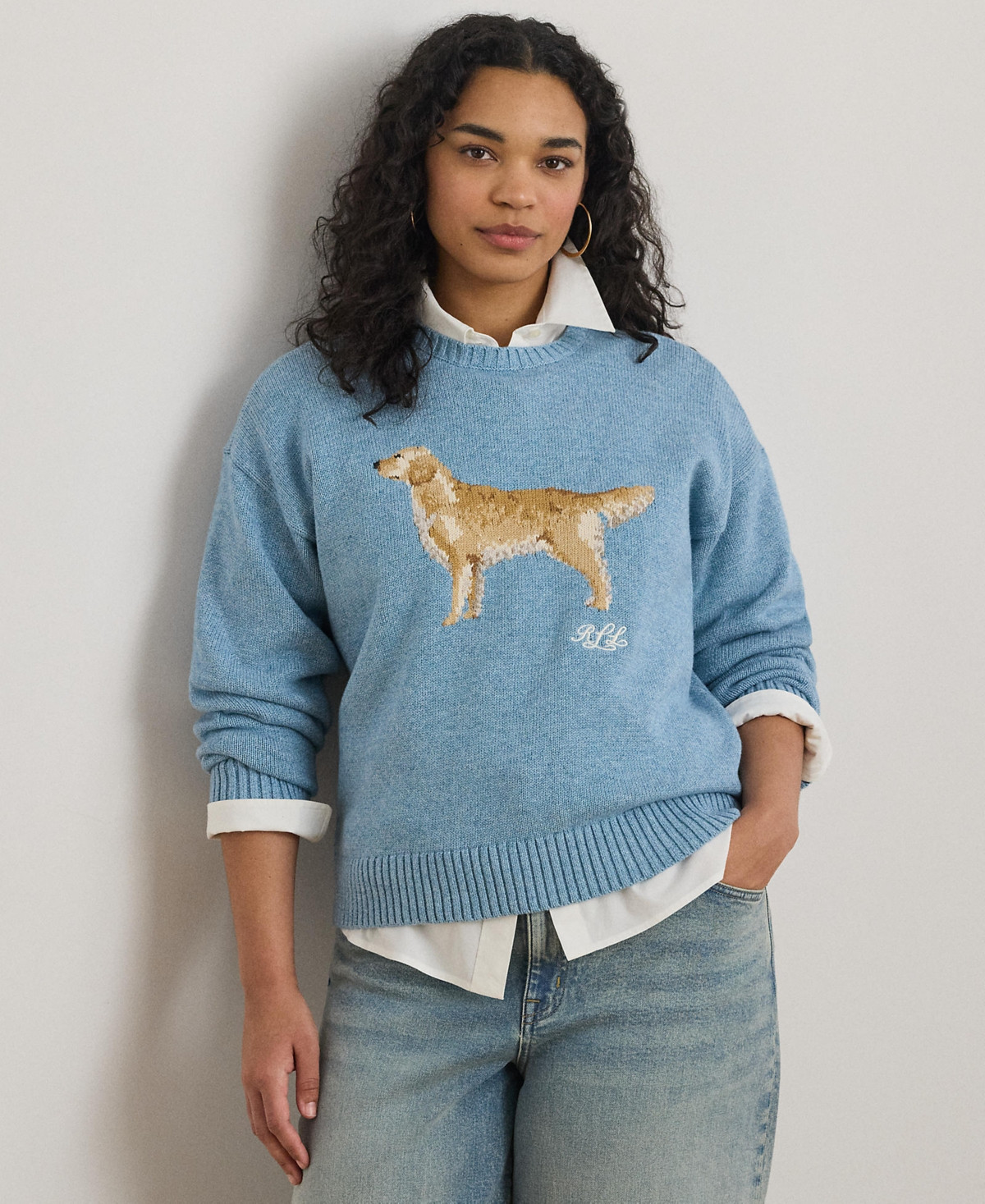 Lauren Ralph Lauren Plus Size Intarsia-Knit Golden Retriever Sweater - Blue Note Heather Multi | Macy's