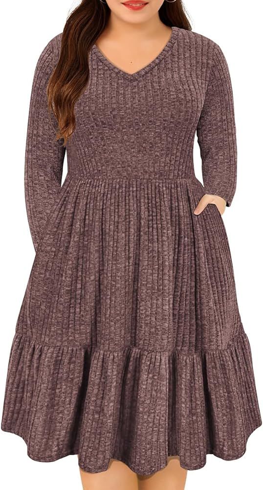 CARCOS Plus Size Dresses for Curvy Women Crew/Vneck Long Sleeve Dresses Ladies Knee Long Fall Win... | Amazon (US)