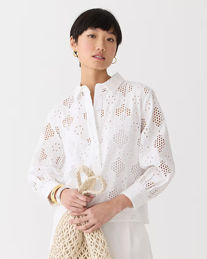 Long-sleeve popover top in eyelet | J. Crew US
