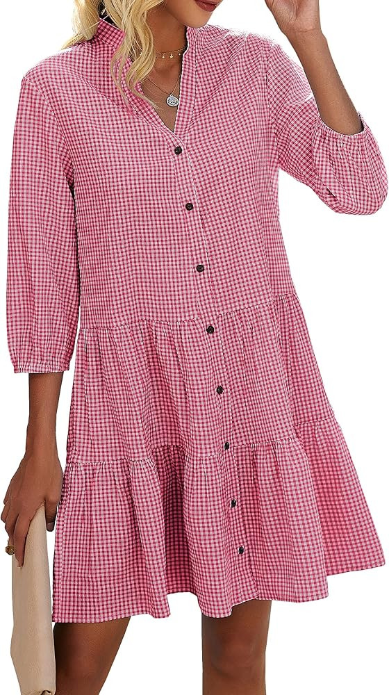 CCTOO Women's Summer Dresses Casual V Neck Button Down 3/4 Sleeve Floral Print Loose Flowy Shirt ... | Amazon (US)