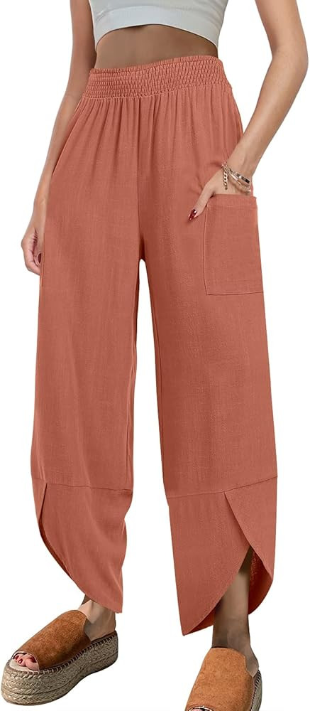 Caracilia Women Casual Linen High Waisted Wide Leg Baggy Palazzo Capri Pants Summer 2024 Trendy O... | Amazon (US)