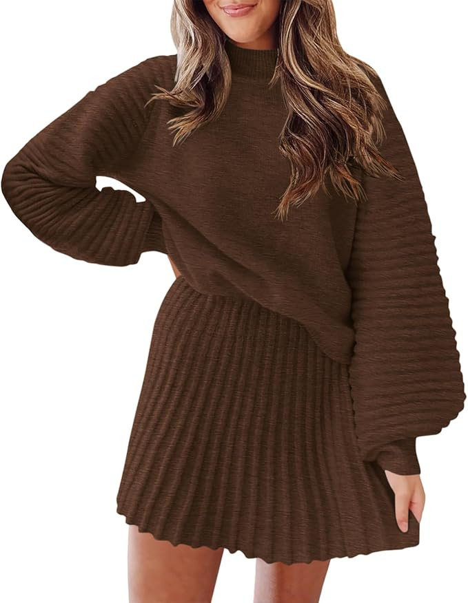 Women's 2 Piece Outfits Long Sleeve Mock Neck Ribbed Sweaters and Mini Skirt 2026 Two Piece Sets | Amazon (US)