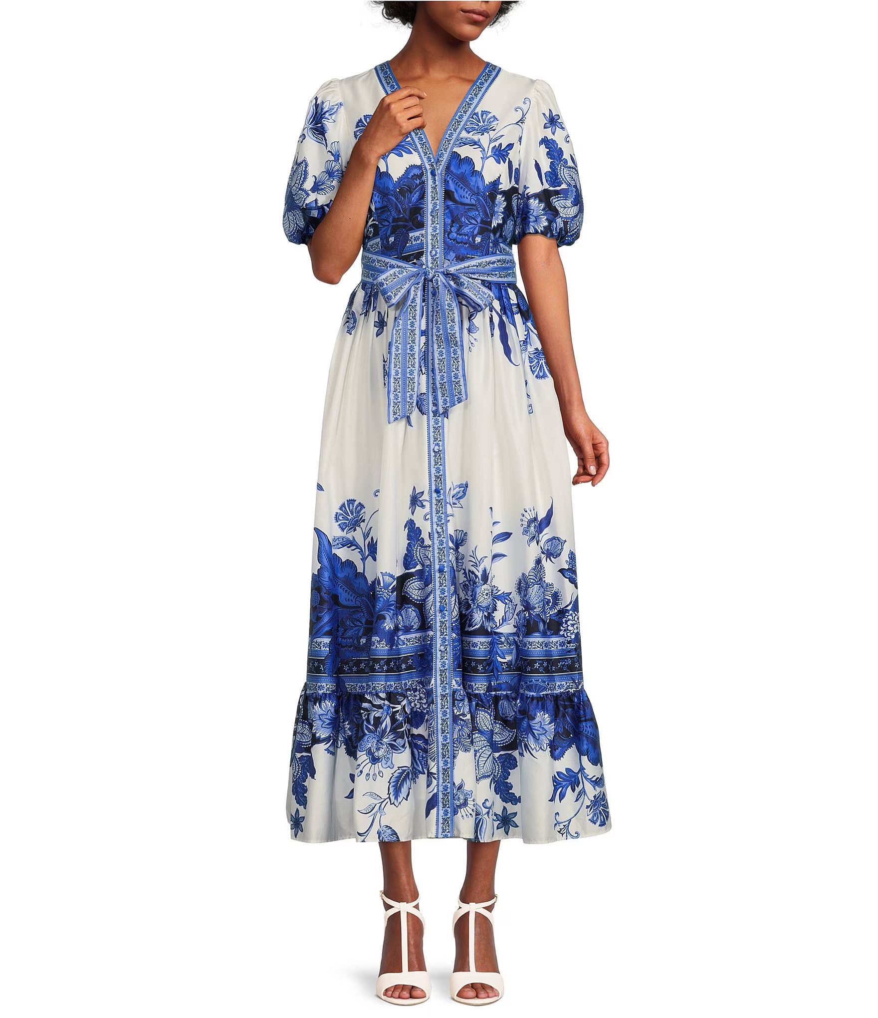x Kimberly Whitman Kamilla V-Neck Short Puff Sleeve Button Front Tie Waist Floral Print Maxi Dres... | Dillard's