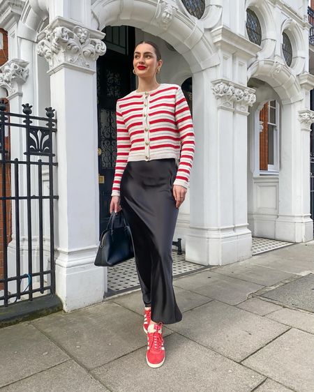 Red and white stripe cardigan, satin maxi skirt, red adidas trainers gazelle, black bag, red lipstick 

#LTKspring #LTKuk #LTKshoes