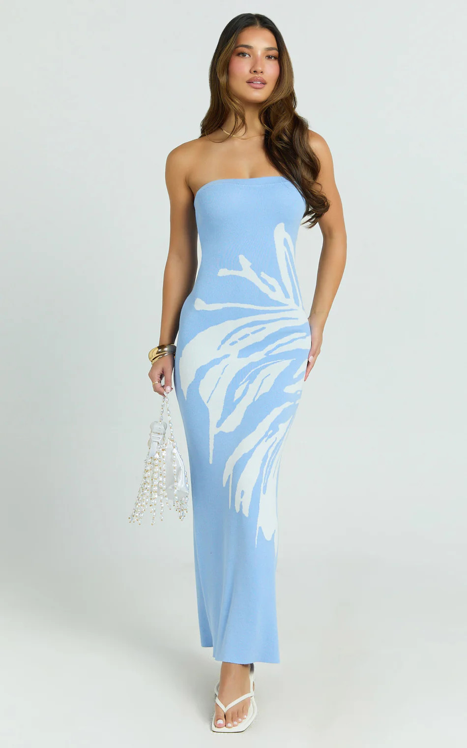 Intarsia Floral Strapless Knitted Dress in Light Blue | Showpo (US, UK & Europe)