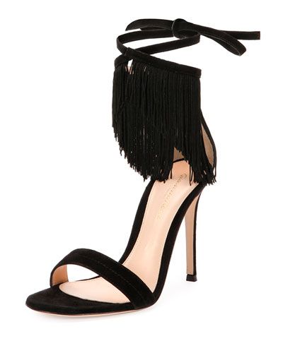 Fringe Suede Ankle-Wrap Sandal, Black | Neiman Marcus