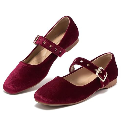 hingswink Burgundy Red Mary Jane Shoes Women Velvet Flats Ballet Flats Shoes with Strap Square Toe Shoes Closed Toe Buckle Shoes Mary Janes Shoes Maryjane Flat Shoes for Women Dressy, VelvetWine8 | Amazon (US)
