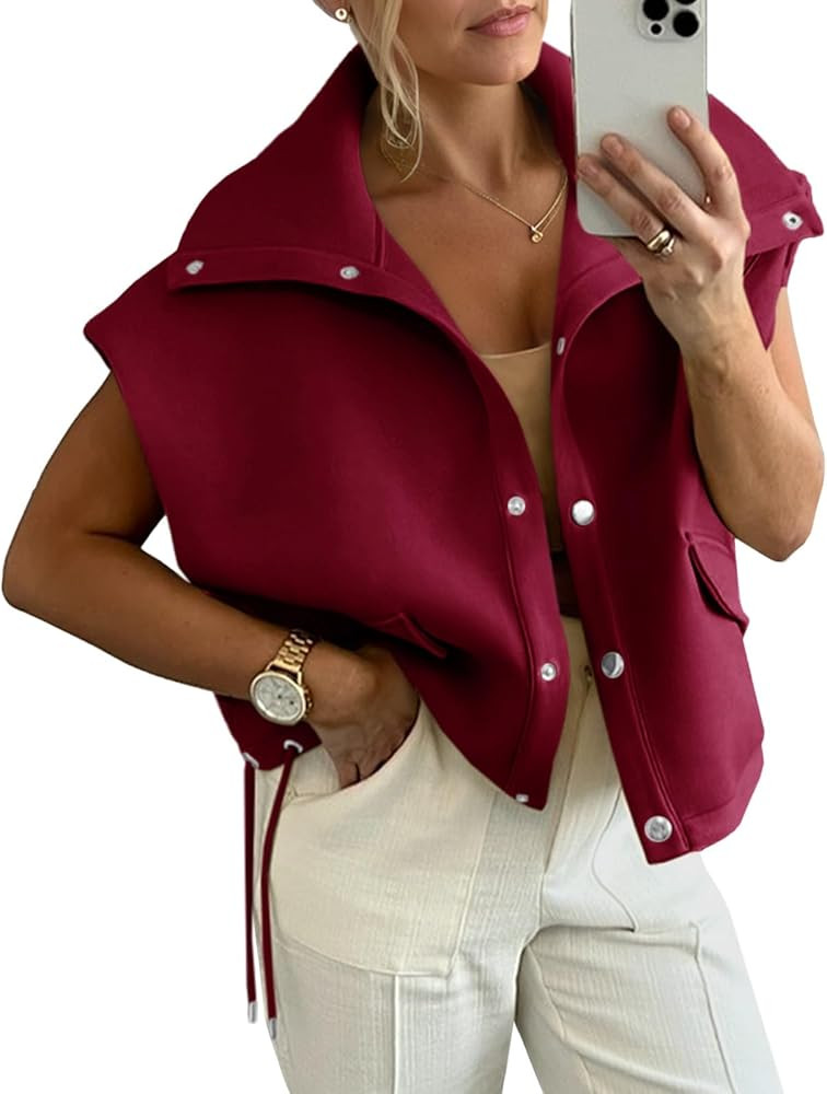 Cicy Bell Womens Fall Oversized Vest Cropped Button Down Cap Sleeve Lapel Collar Jackets Casual D... | Amazon (US)