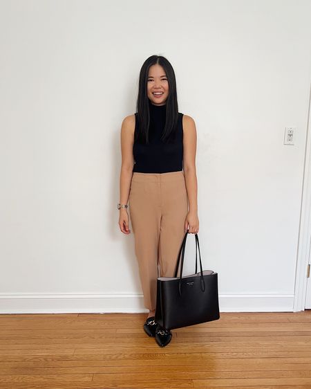 Black sleeveless top (XS)
Black mock neck top
Tan pants (4P)
Tan work pants 
Light brown pants
Black tote bag
Kate Spade tote bag
Black mule loafers (TTS)
Neutral outfit
Neutral work outfit 
Business casual outfit
Ann Taylor outfit 

#LTKSeasonal #LTKstyletip #LTKworkwear