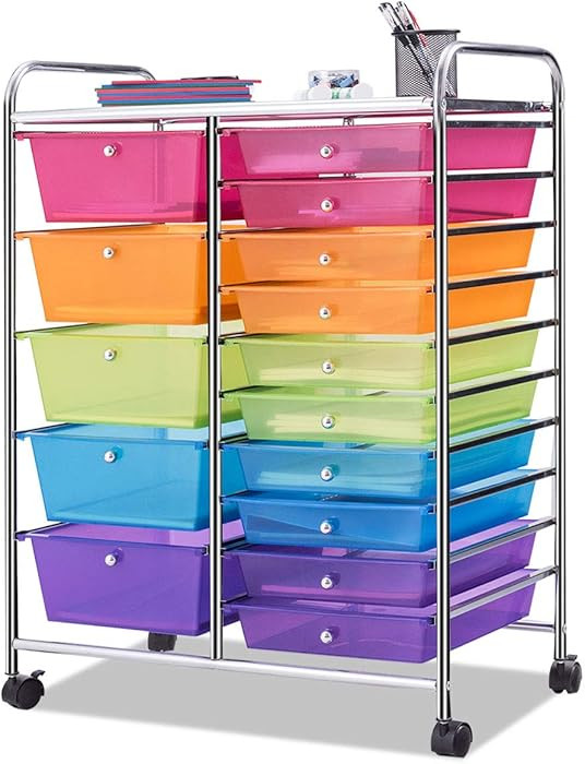 Giantex 15 Drawer Rolling Storage Cart Tools Scrapbook Paper Office School Organizer, Multicolor | Amazon (US)