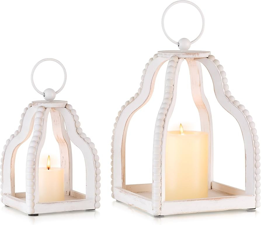 Rustic Farmhouse Lanterns Decorative Indoor Set of 2 - Vintage Wood Beaded Lantern Hanging Candle... | Amazon (US)