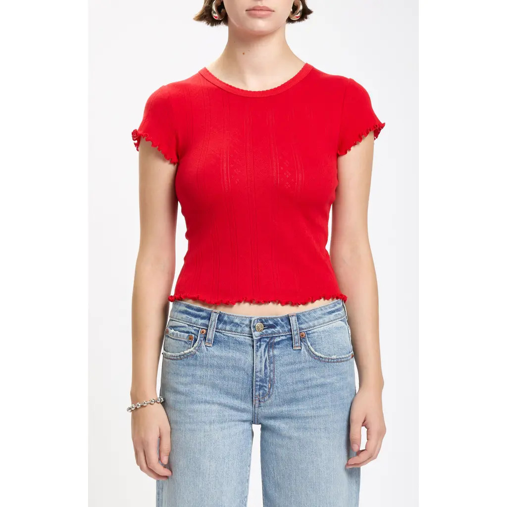 DAZE Lily Cotton Pointelle T-Shirt in Cherry Bomb at Nordstrom, Size Small | Nordstrom