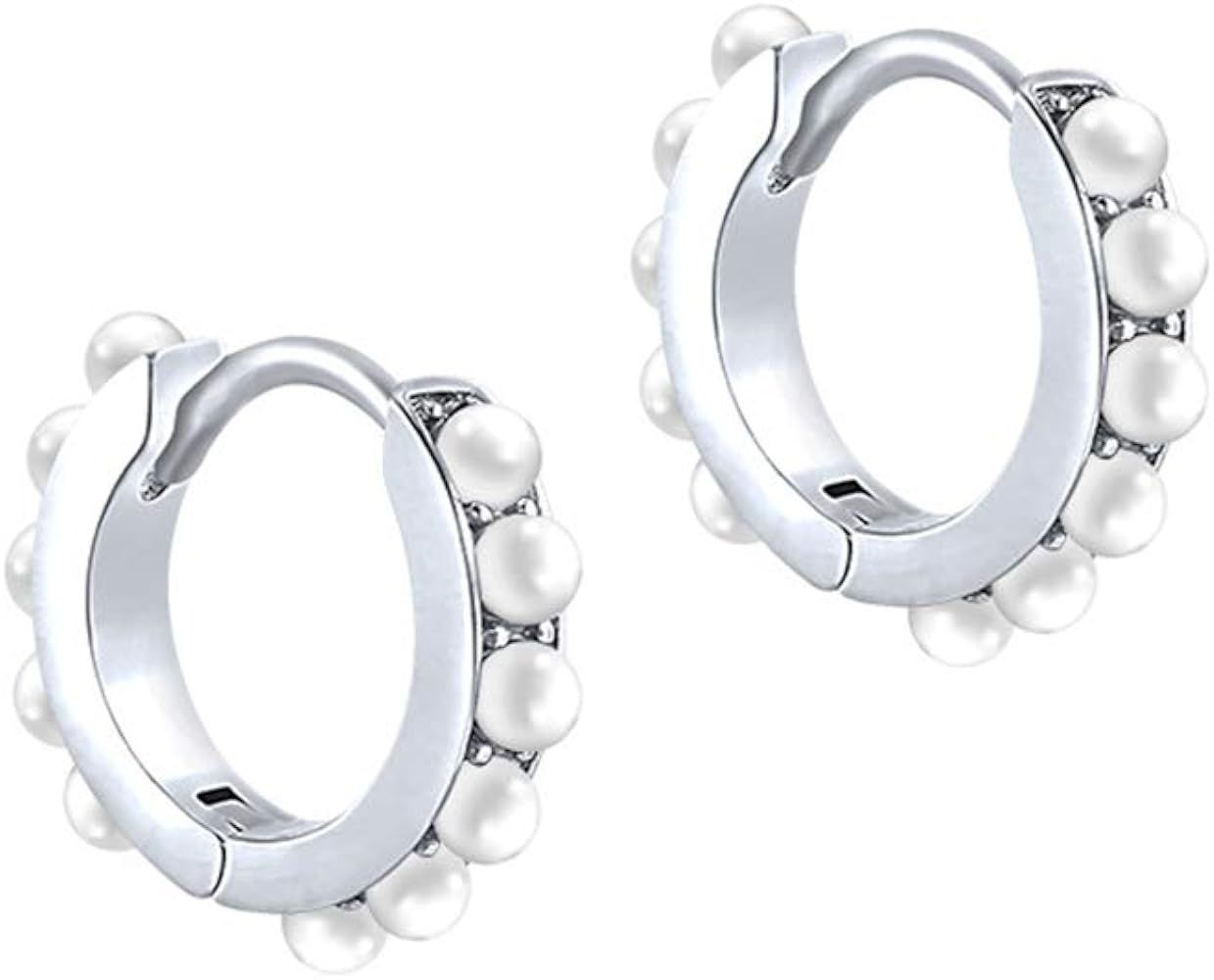 Fashion Pearl Small Huggie Hoop S925 Sterling Silver Cartilage Earrings for Women Teen Girls Mini... | Amazon (US)