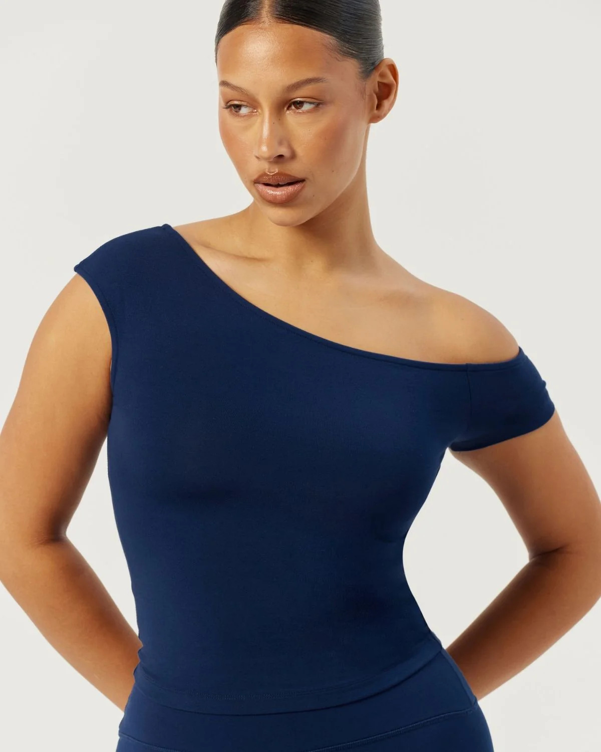 One Shoulder Capped Sleeve Top | Navy | Crop Shop Boutique US