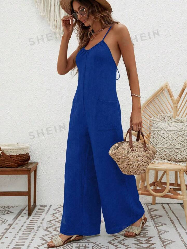 SHEIN VCAY Women Summer Beach Crisscross Backless Wide Leg Cami Black Jumpsuit | SHEIN