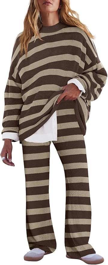 LAMISSCHE Oversized Womens Lounge Set Striped Sweater Set Long Sleeve 2 Piece Pajama Set Top and ... | Amazon (US)